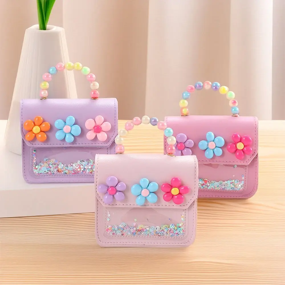 Creative Cute Flowers Children's Messenger Bag PU Leather Pearl Handbags Shiny Bowknot Crossbody Bags