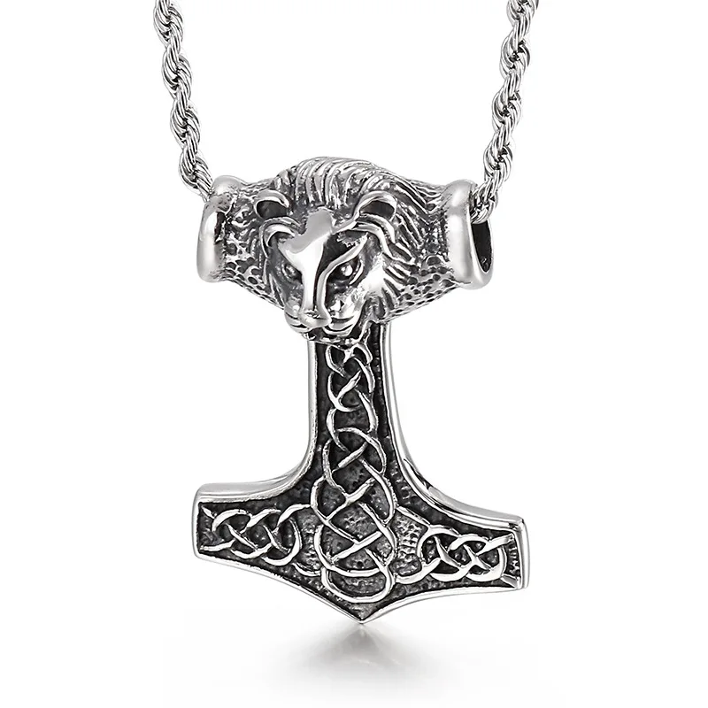 Biker Lion Thor Hammer Charm Pendant Necklace Stainless Steel 22 Inch Rope Chain Jewelry For Mens Gifts Friends