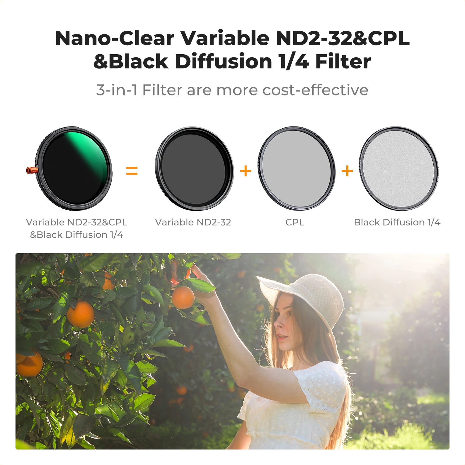 K&F CONCEPT Nano-C متغير ND2-32 مستقطب رذاذ أسود 1/4 3 في 1 مرشح متعدد الوظائف 37/43/46/49/52/55/58/62/67/72/77/82 مم