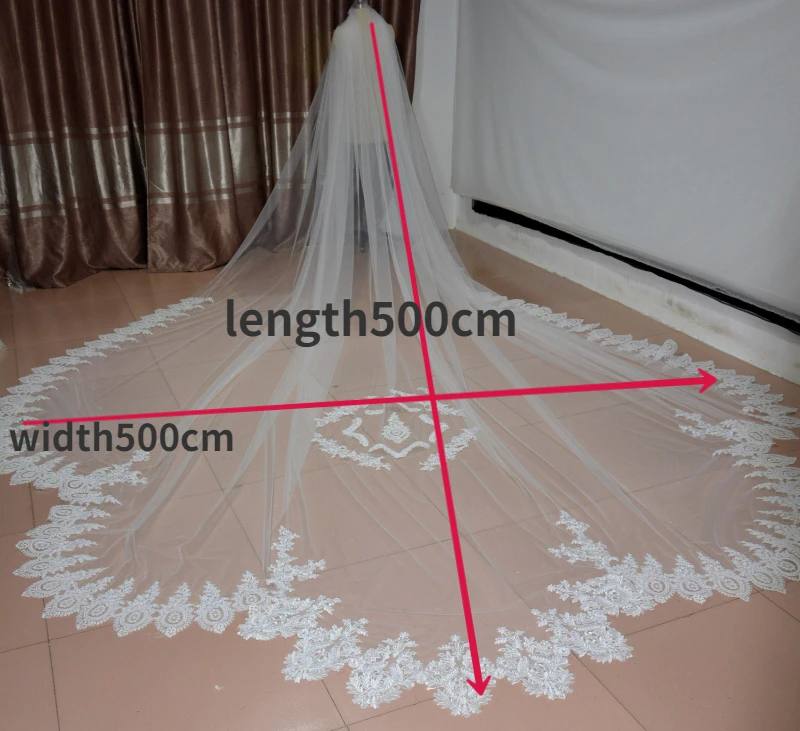 

5m 4m 3m Long Wedding Bridal Veils Lace Appiques Edge 1 T Tulle Cathedral Veil with Comb Ivory Luxury Velo de Novia Voile mariee