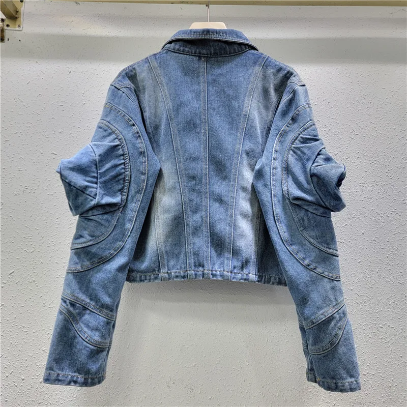 Denim Jacket Women Fall Street Hipster Lapel Three-Dimensional Puff Sleeve Profile Long Sleeve Future Style Denim Coat Female