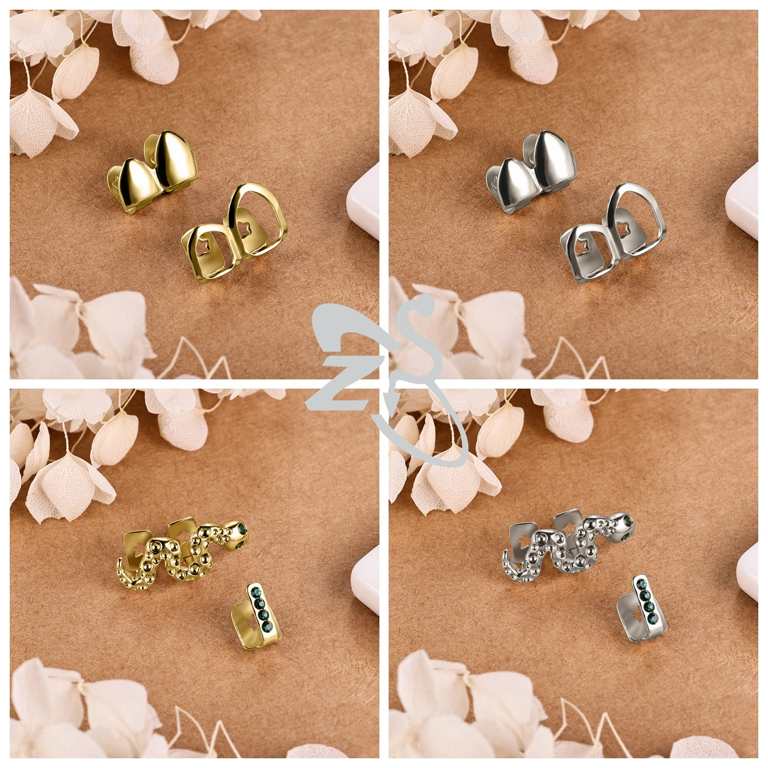 ZS 1 PC/Set Hip Hop Silver Gold Plated Grillz Teeth With CZ Crystal Gap Grillz Star Heart Shape Open Face Top & Bottom Cap Sets