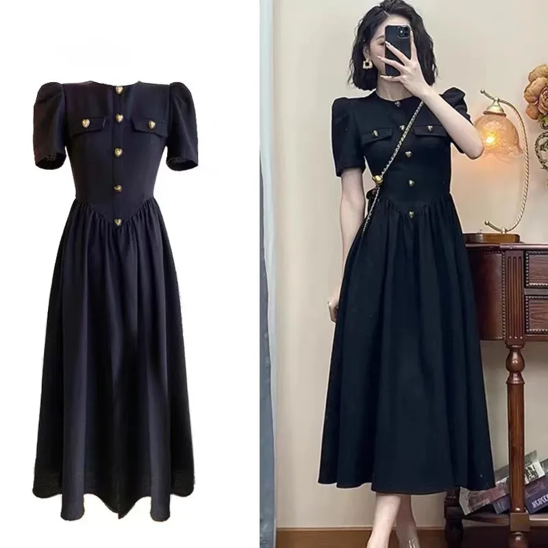 Hepburn Wind 2024 Summer Black High Waist Midi Dress New Elegant Women Round Collar Heart Button Puff Sleeve Prom Party Vestidos