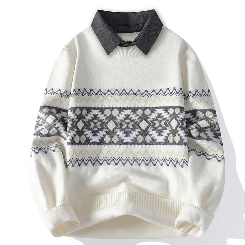 

Autumn Winter Shirt Collar Fake Two-piece Sweater Youth Slim Knitted Trendy Men's Warm Outer Sweater
