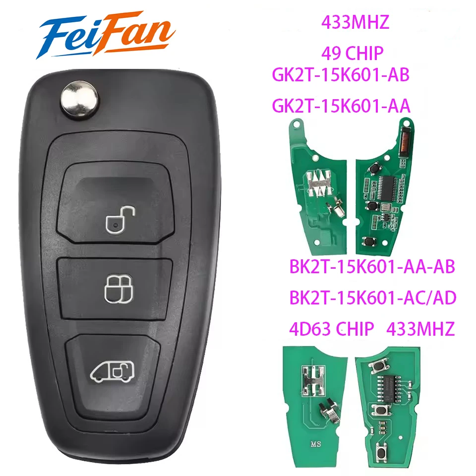 

FeiFan Flip Remote Control Car Key Fob 3BT ID49 /4D63 CHIP 433MHz FCCID GK2T-15K601-AB/AA For Ford Transit Custom Tourneo 2015+
