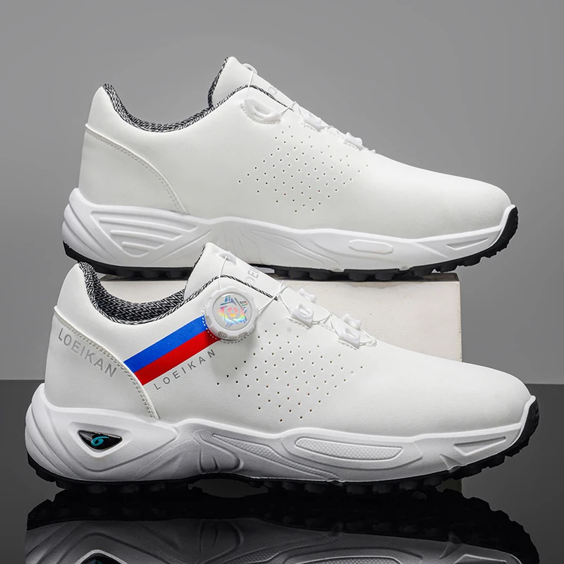 Men Rotary Buckle Golf Shoes Waterproof Leather Breathable Air Cushion Non Slip Golf Training Sneakers 2 Colors