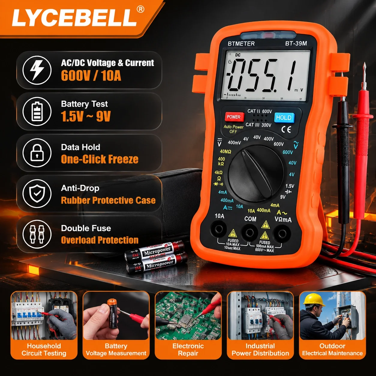 BTMETER 39M Digital Multimeter 4000 Counts Bar Graph True RMS AC/DC Voltage Current Resistance Battery Test Buzzer