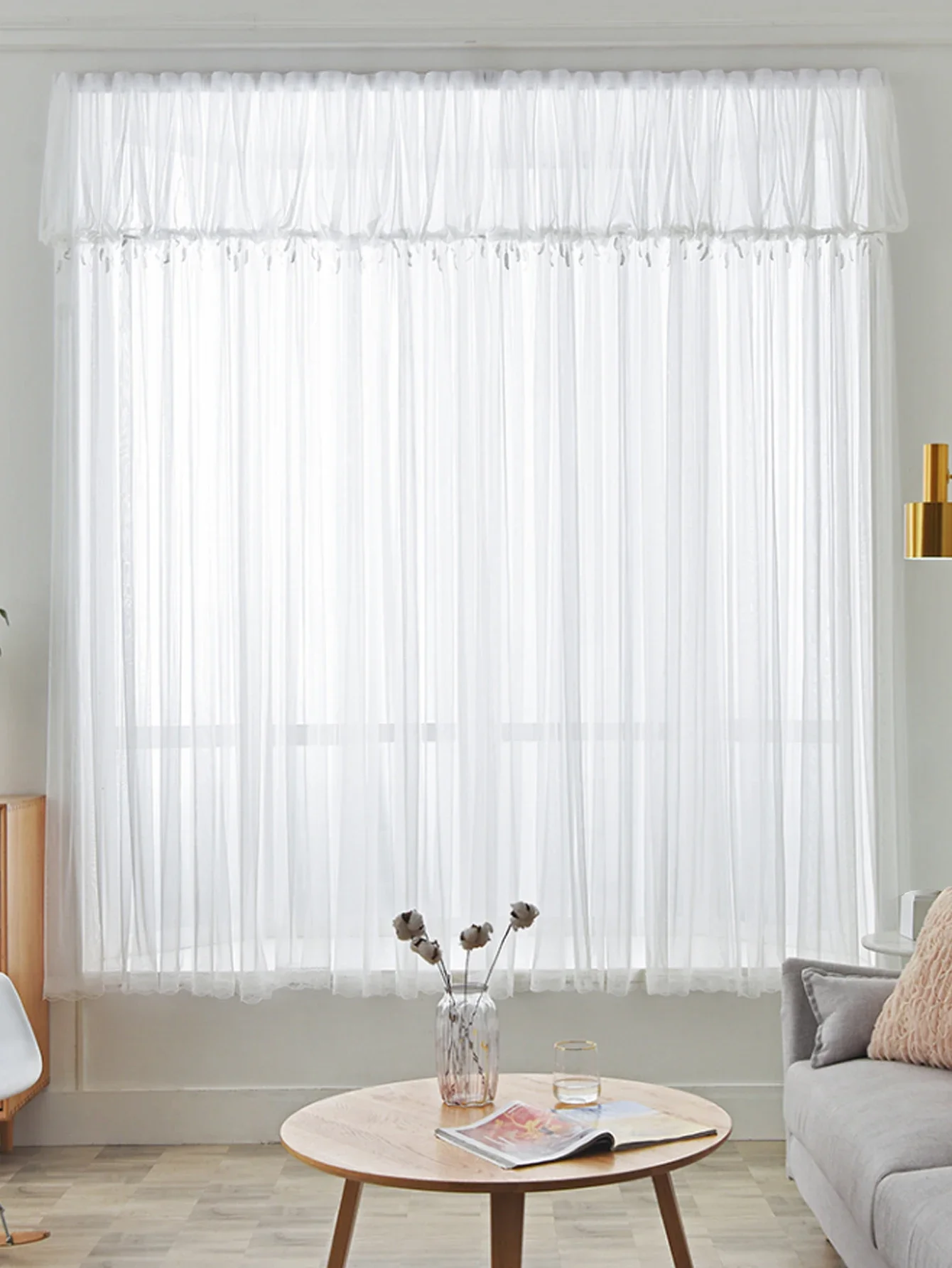 

White lace with gauze, translucent and non transparent, semi blackout curtain, no need to drill holes for installation