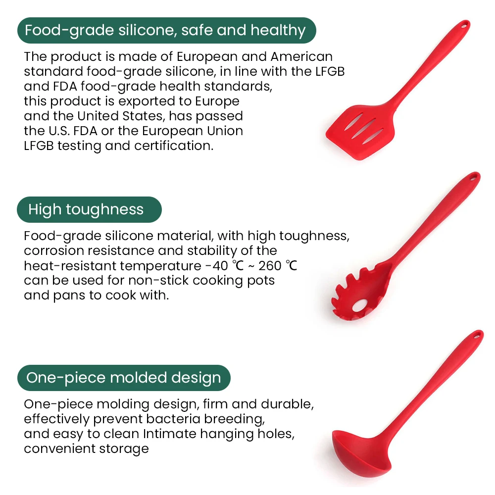 10-piece Set Silicone Kitchen Utensils Non-stick Cooking Spoon Lid Set Rice Spoon Scraper Baking Modern Simple Style Black Red