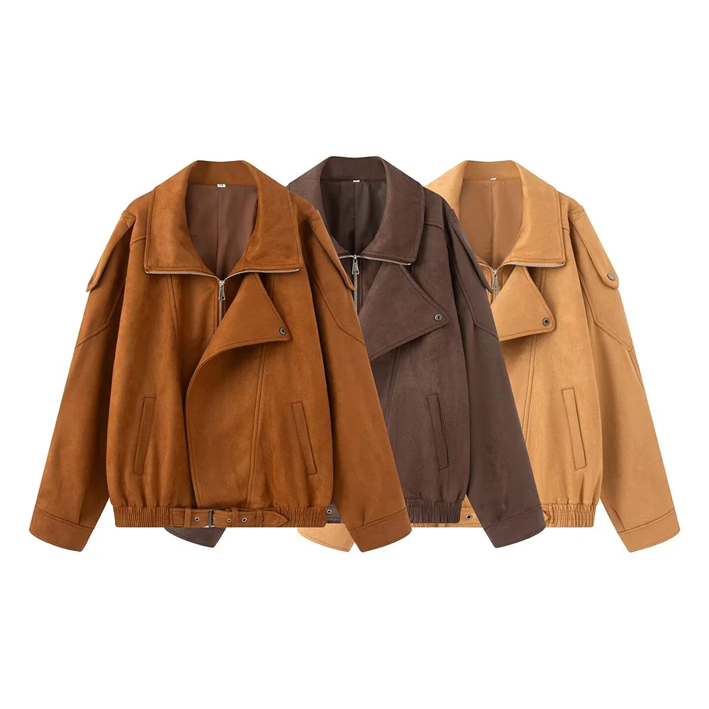 

Taop&Za women's new casual loose collar long sleeved solid color fashionable and comfortable zipper suede jacket jacket jacket