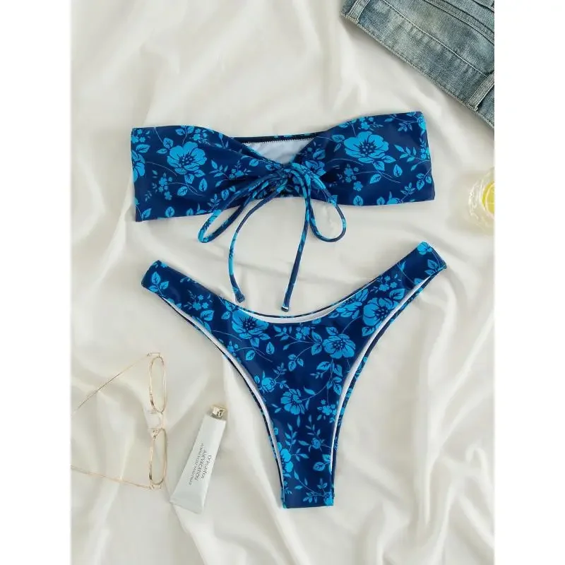 

Женский комплект бикини с цветочным принтом, раздельный купальник с завязками и высокой талией, летний пляжный купальный костюм