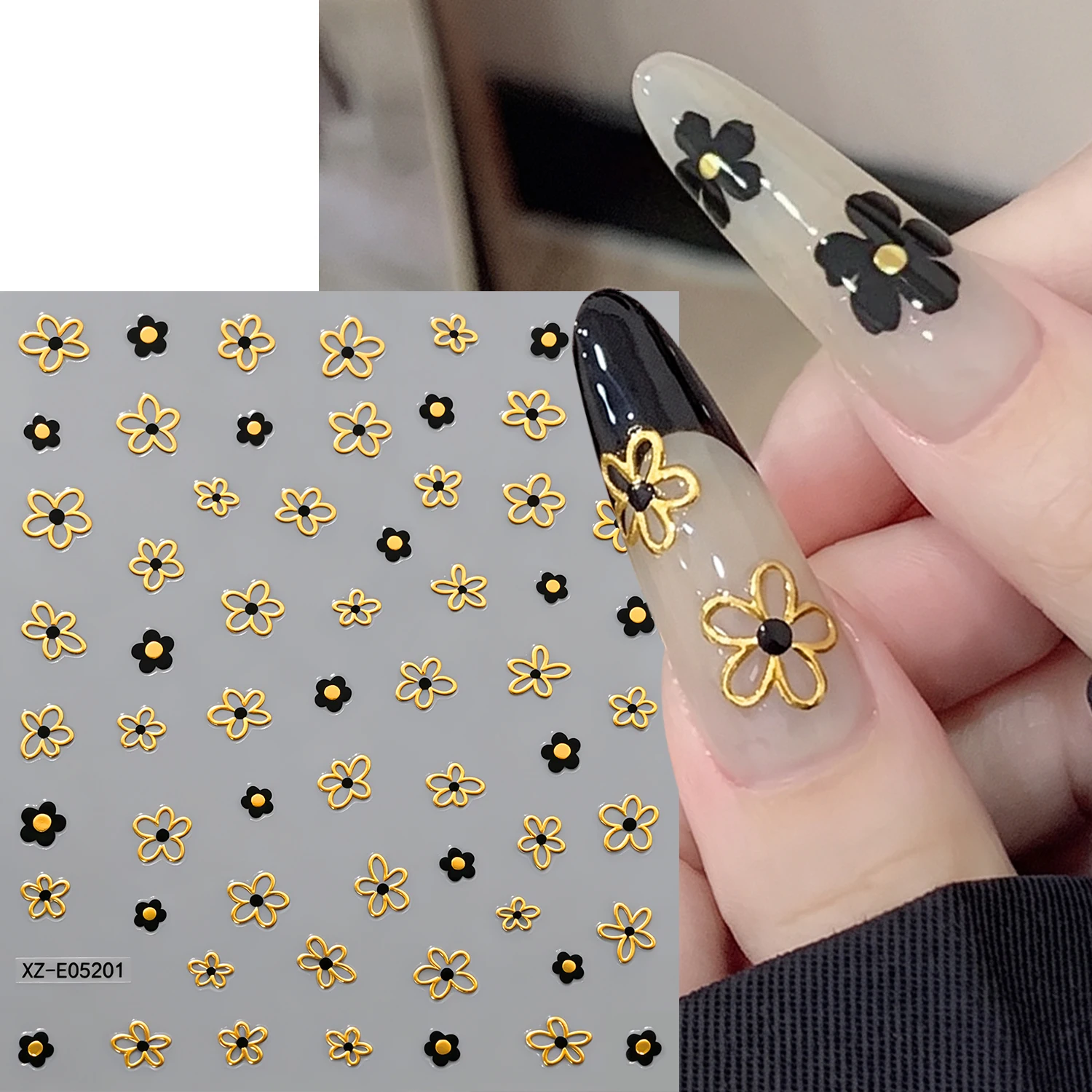 3D Bronzing Gold Hollow Out Flower Nail Sticker Metal Petal Black Golden Floral Self-adhesive Nail Decal DIY Manicure Slider Dec