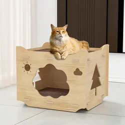 HONEYPET Cat Scratching Board Wooden House Cat Nest Four Seasons Claw Grinding Wear Toys Tree Tower One Large Villa Four Seasons