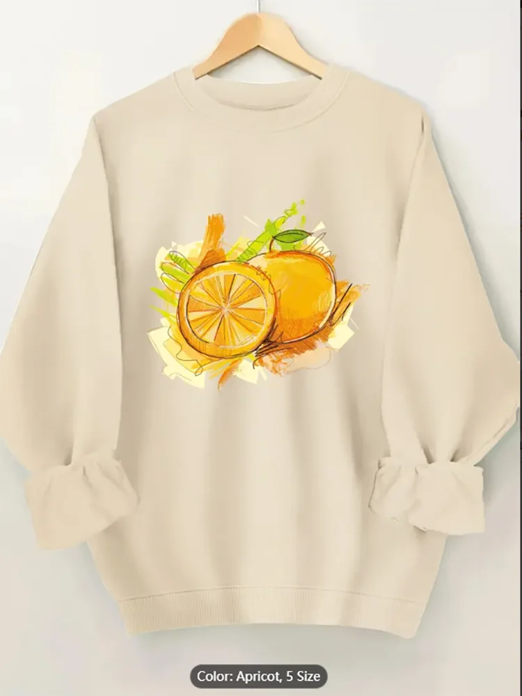 

Womens White Sweatshirt Orange Graphic Print Casual Oversized Pullover Top for Fruit Lovers Comfortable Pure Cotton Long Sleeves