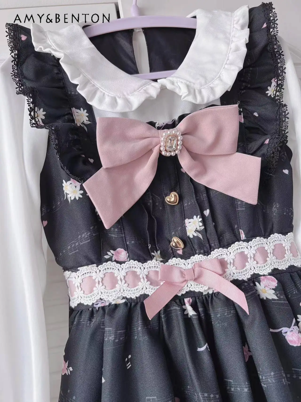 Spring Summer New Japanese Sweet Bow Liz Dress Women Mine Mass-Produced Kawaii Printed Doll Collar Dress Lolita Dresses Dress