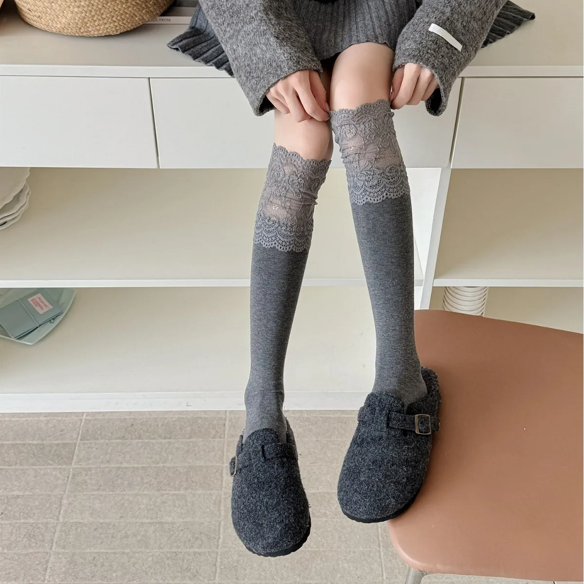 Lace Ruffle Calf Socks For Women,Spring Autumn High‑Tube Ladies Boot Socks Cotton Lolita Sexy Knee‑High Long Socks