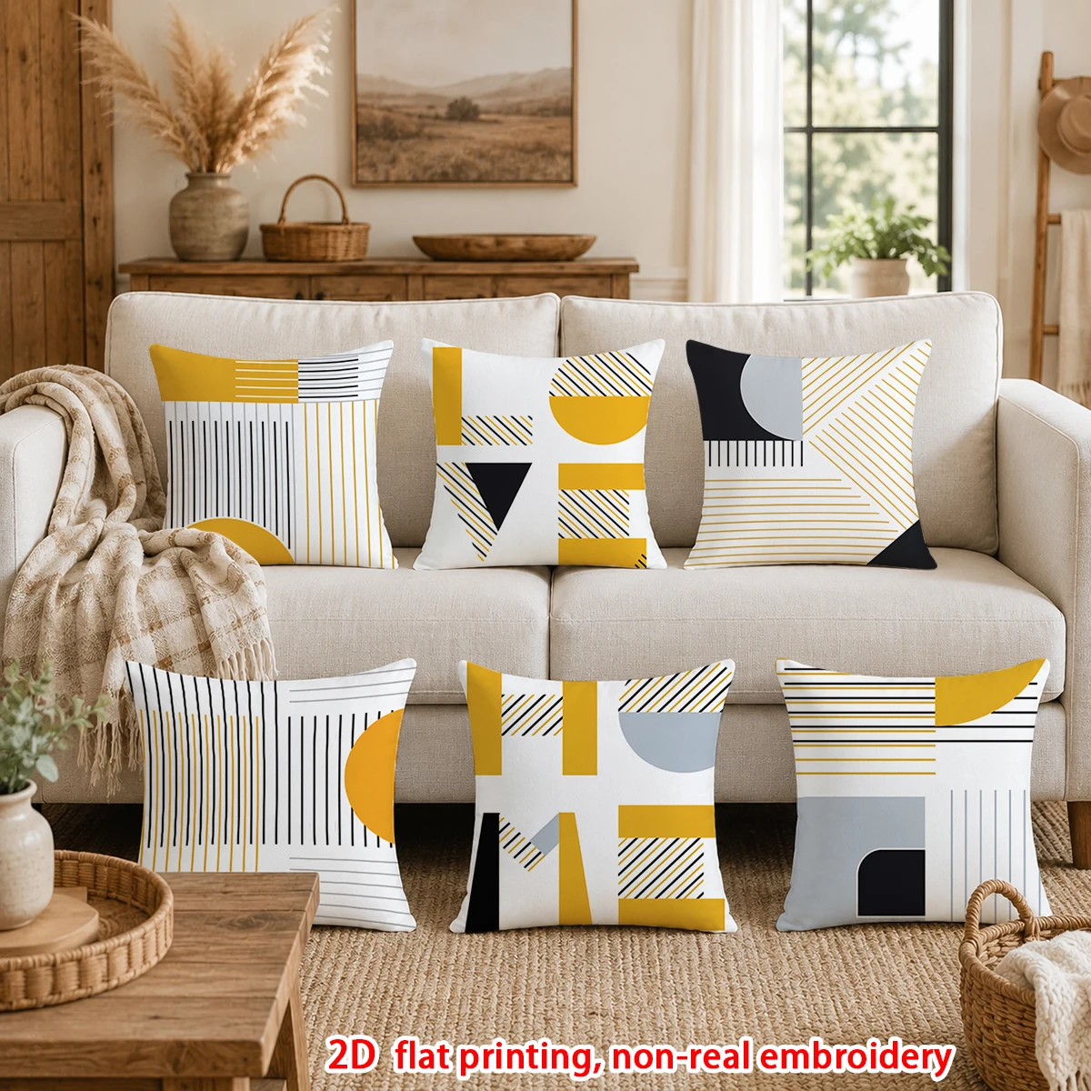 1pc Mid Century Modern Geometric Throw Pillow Covers, Minimalist Yellow Black Grey Abstract Cushion Cases for Sofa