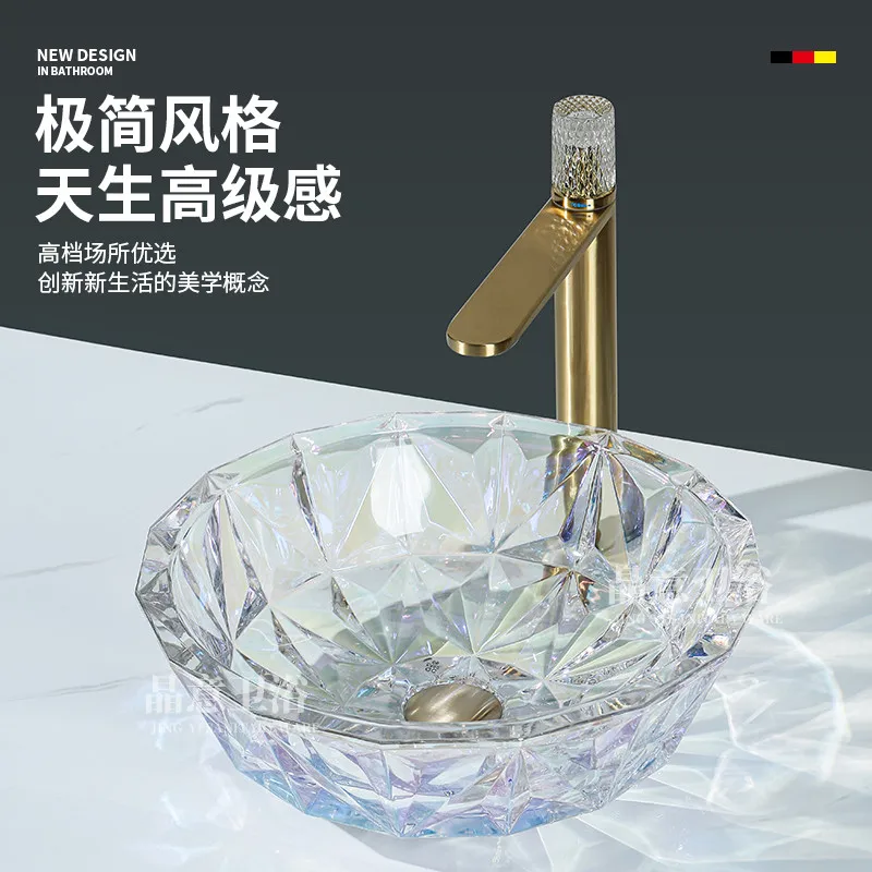 

Light luxury minimalist style crystal countertop basin, home bathroom, hotel washbasin, transparent glass