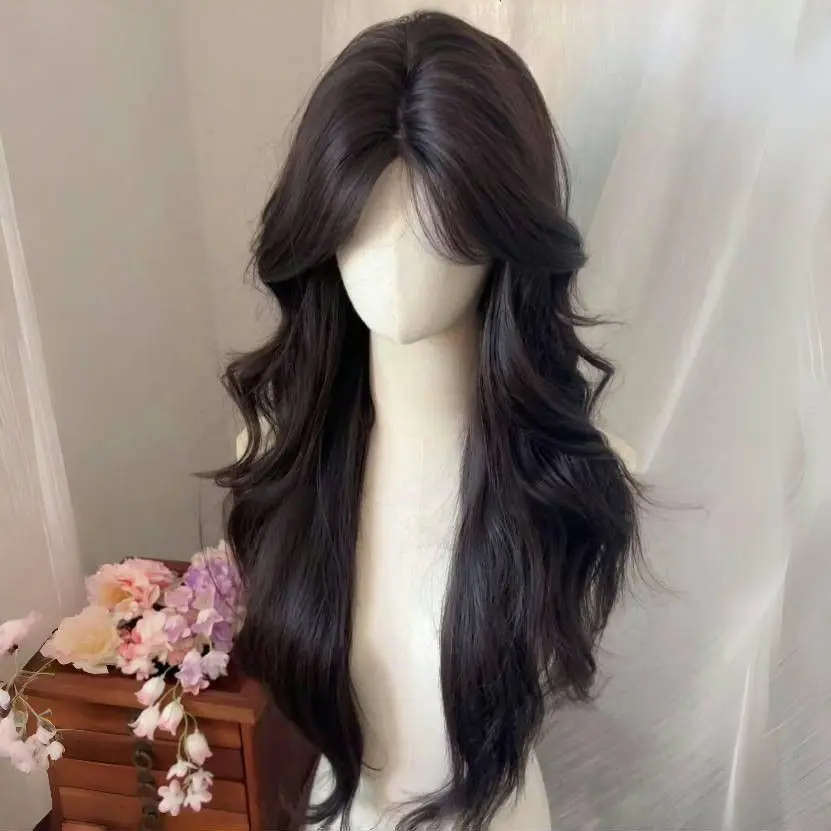 

Brown-black long curly hair synthetic wig | artificial hair high quality breathable inner net headgear wig