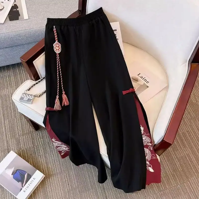 Plus Size Summer Women Embroidered Split Splicing Wide-Leg Pants Chinese-Style Buckle Tassel Straight-Leg Long Casual Pants
