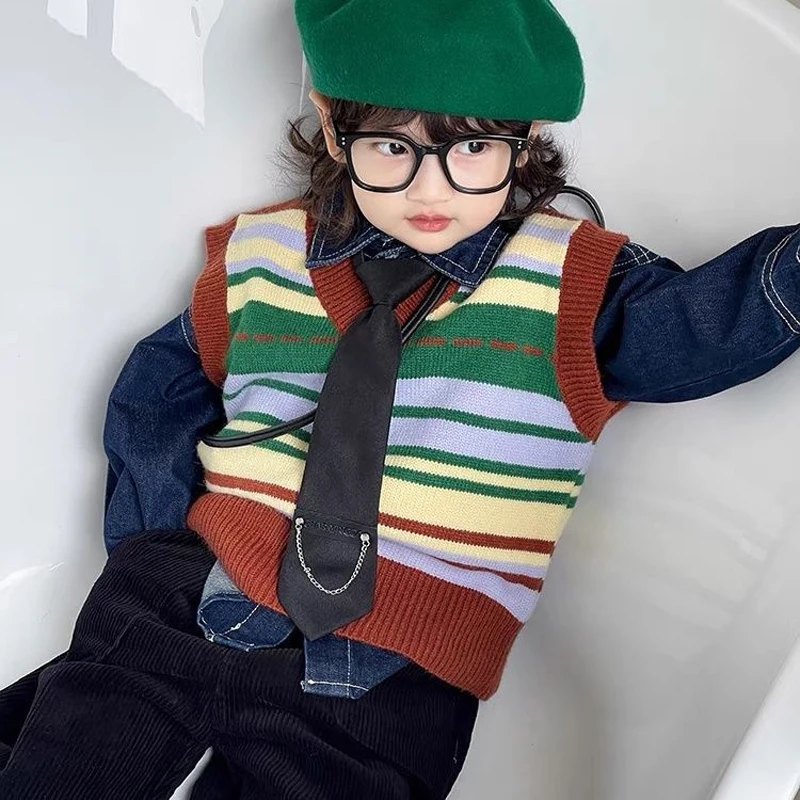 

Комплект из трех предметов для мальчиков, милый Трикотажный жилет + джинсовая рубашка + шорты, Детская уличная одежда для маленьких джентльменов