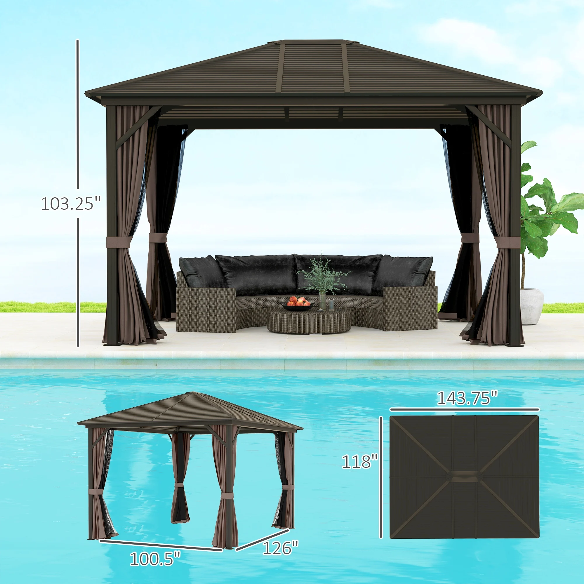 10' X 12' Hardtop Gazebo with Aluminum Frame, Permanent Metal Roof Gazebo Canopy with 2 Hooks, Curtains and Netting for Garden, Coffee image 3