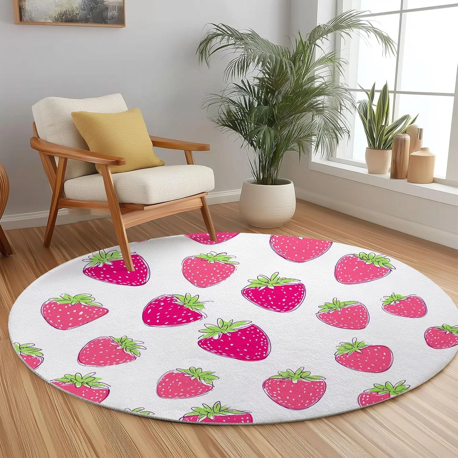 Fruit Cute Strawberry Washable Circular Carpet, Non Slip Circle Area Rug Carpet Absorbent Mat for Kitchen Living Room Bedroom