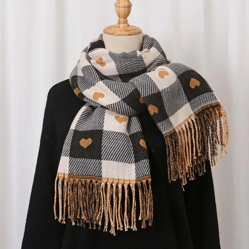 

Gifts Acrylic Fibers Plaid Knitted Scarf Warmer Long Heart Thickened Scarf Soft Classic Tassel Shawl Women