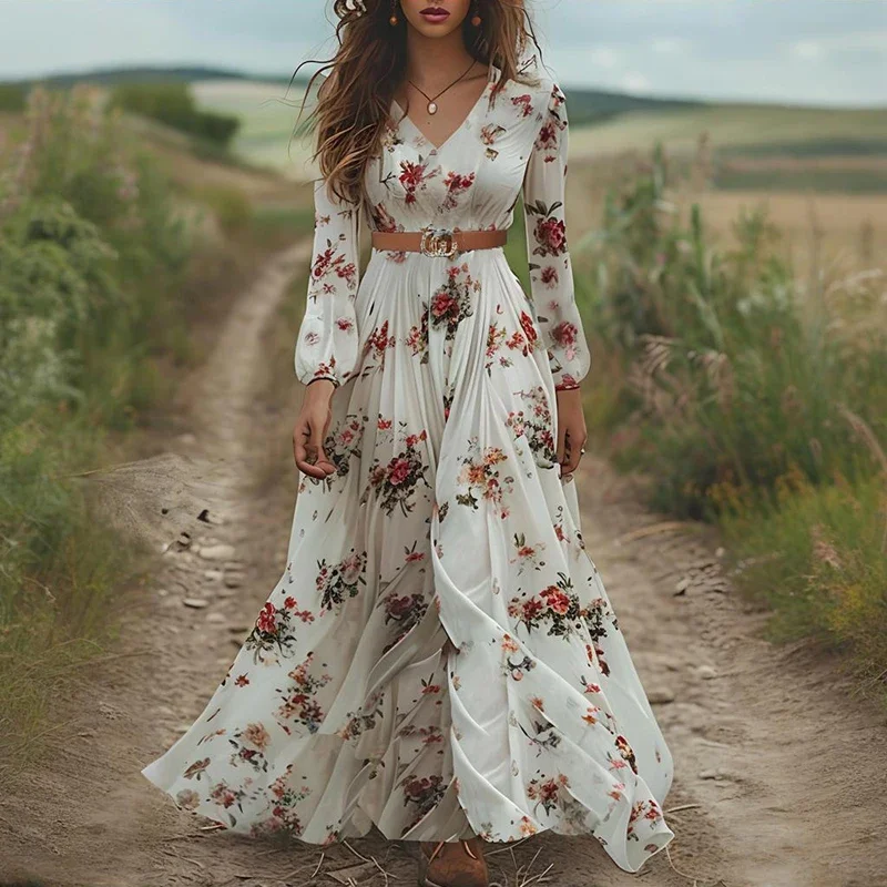 

LIBIELIY 2025 Women's Elegant High Waist Maxi Dress Sexy Deep V-neck Pleated Bohemian Dress Fashion Floral Print Long Sleeve R