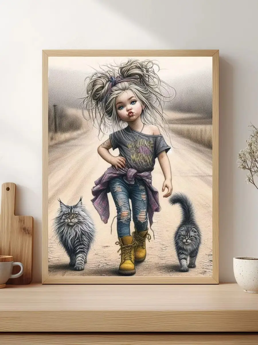 1 Stück 30x40cm/11,8x15,7 Zoll, 11Ct/14Ct Kreuzstich-Set, DIY Valentinstagsgeschenk, Stickerei-Set für Festivals, Punk-Mädchen mit Katzen – Detail 1