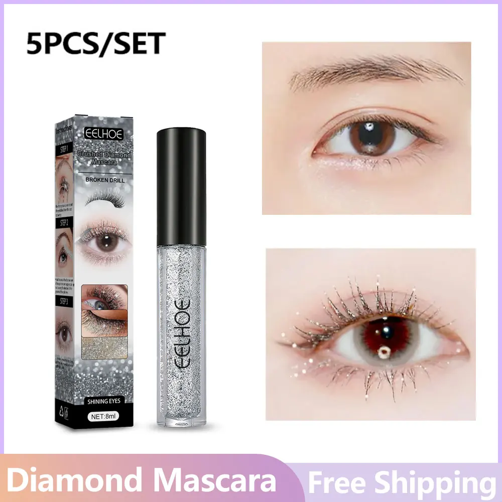 5pcs Diamond Glitter Mascara Quick Dry Long Lasting Waterproof Curling Thick Shiny Eyelash Sexy Mascara Stereotyping For Makeup