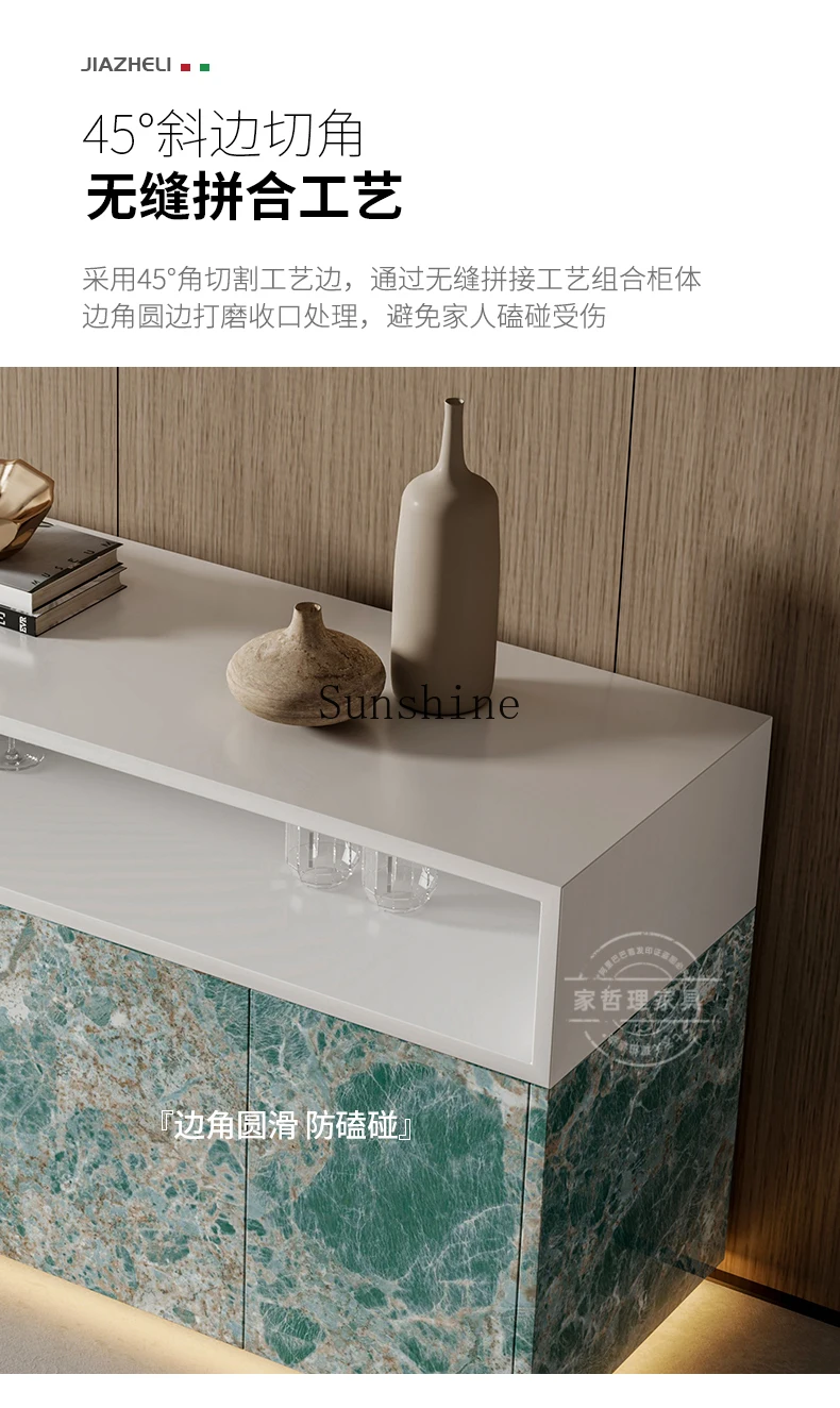 Rock slab dining side cabinet integrated against the wall, high-end Italian entrance restaurant locker