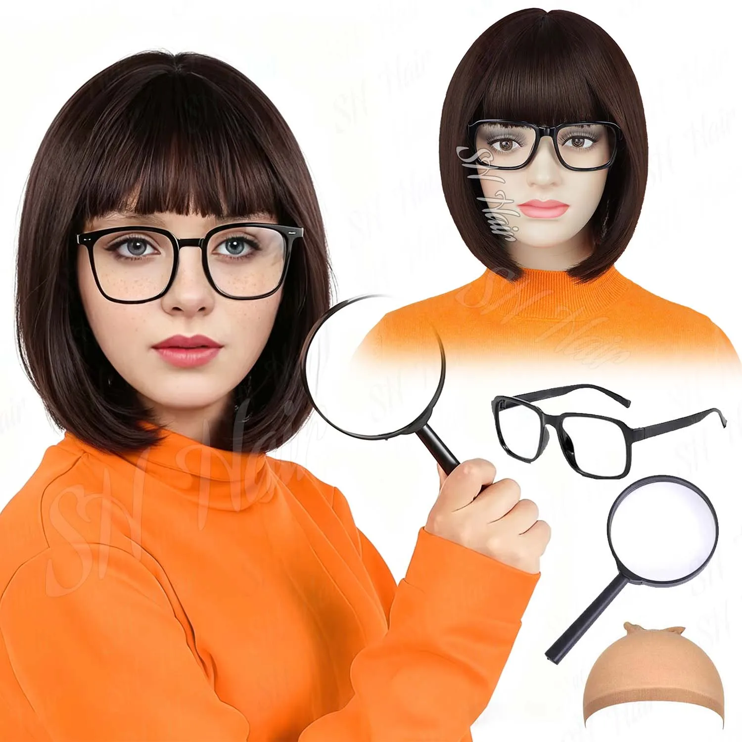 Synthetic Brown Bob Wig with Bangs+Glasses+Magnifying Glass, Short Straight Bob Velma Wig for Daily Halloween Cosplay Party Use