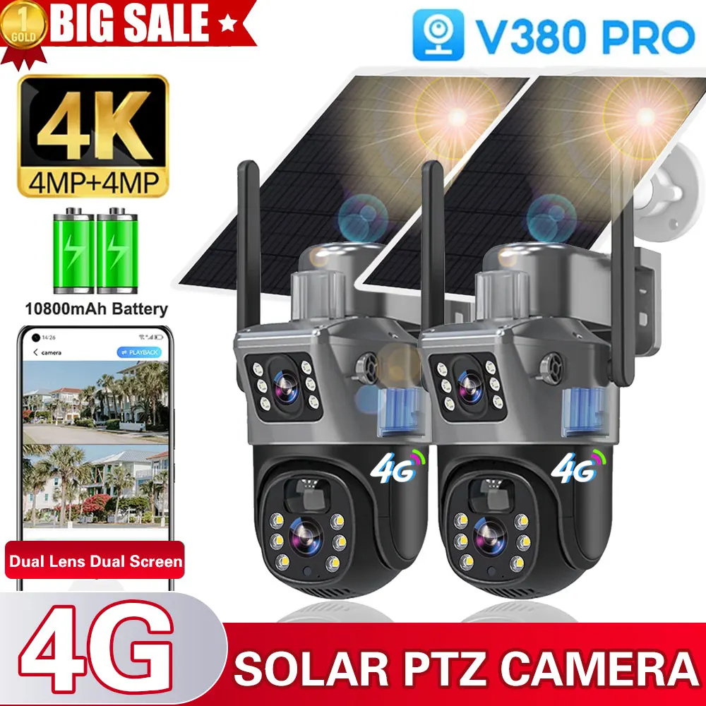 

4K 8MP Outdoor Solar Dual Lens Camera,4G SIM Card Solar CCTV Wireless Camera,Built in Battery Safe and Waterproof Dual Screens