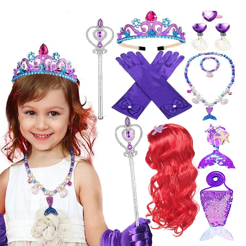 Fournitures de fête de la petite sirène Disney pour filles, couronne de cosplay, bande de sauna, vêtements de princesse Ariel, perruque, accessoires