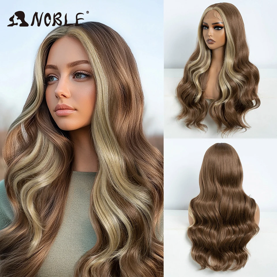 

Noble Synthetic Lace Front Wigs For Women 26" Long Body Wave Lace Wig Ombre Brown Blonde Highlight Cosplay Wigs Heat Resistant