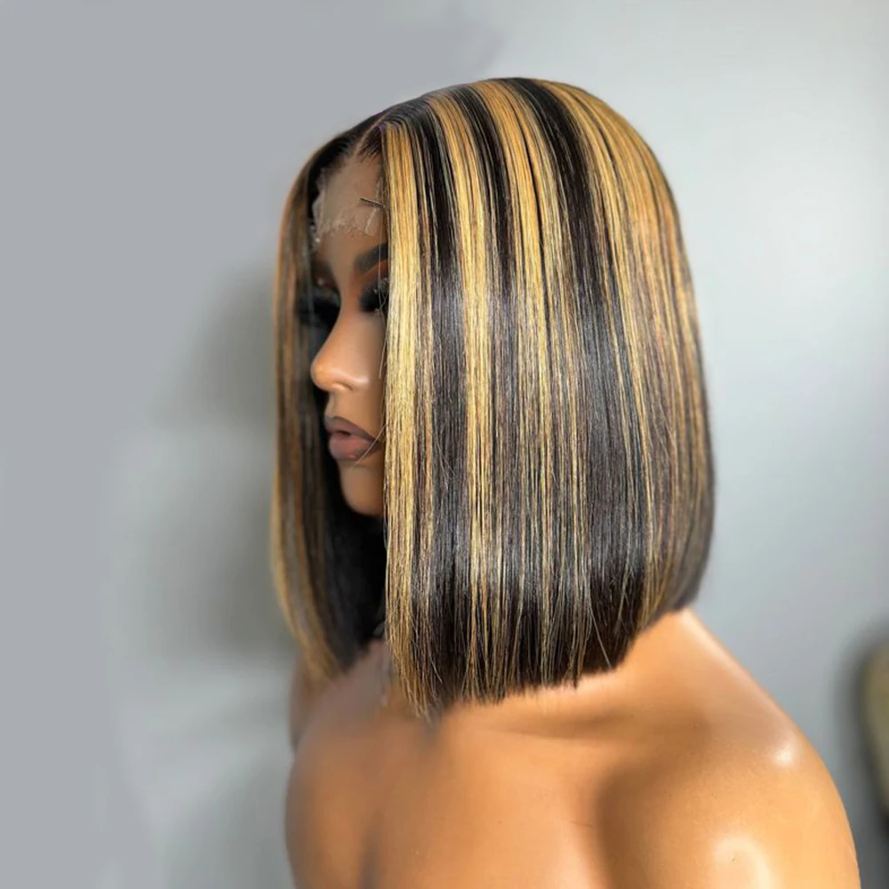 200% 1B/27 Ombre Highlight 13x4 Transparent Lace Front Human Hair Wig Pre pluck With Natural Hairline Straight Short Bob Wig image 3