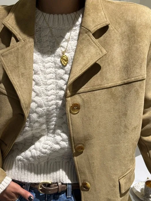 سترة نسائية كلاسيكية أنيقة من جلد الغزال فضفاضة ومتعددة الاستخدامات ذات ملمس راقي بدلة Jaet American Sle بطول عادي وزر للإغلاق