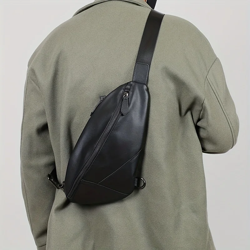 Fashion PU Leather Men's Chest Pack Shoulder Bag Messenger Cycling Sling  Bag Small Leisure Bag Crossbody Black