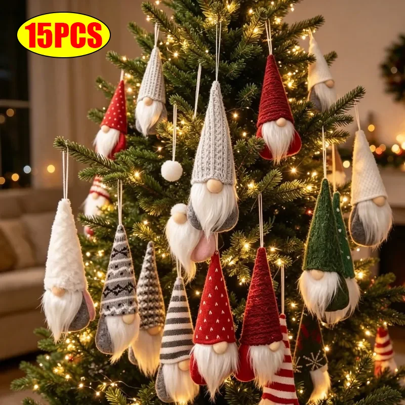 15pcs Knitted Fabric Christmas Gnomes Faceless Dolls Hanging Dwarf Elf Xmas Tree Ornaments Home Holiday 2027 New Year Decor Gift
