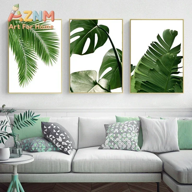 AZNM Tropical Green Leaf Canvas Wall Art Monstera Palm Leaf Botanical Plant Art Print Unframed Canvas Poster for Home Decor