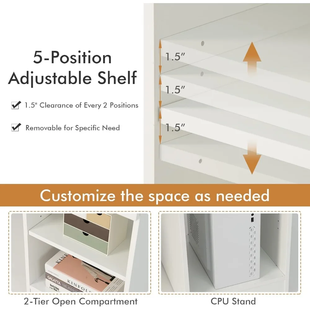 White Desk with Drawer, Wooden Computer Desk with Pull-Out Keyboard Tray & Adjustable Storage Shelves, Modern Laptop PC