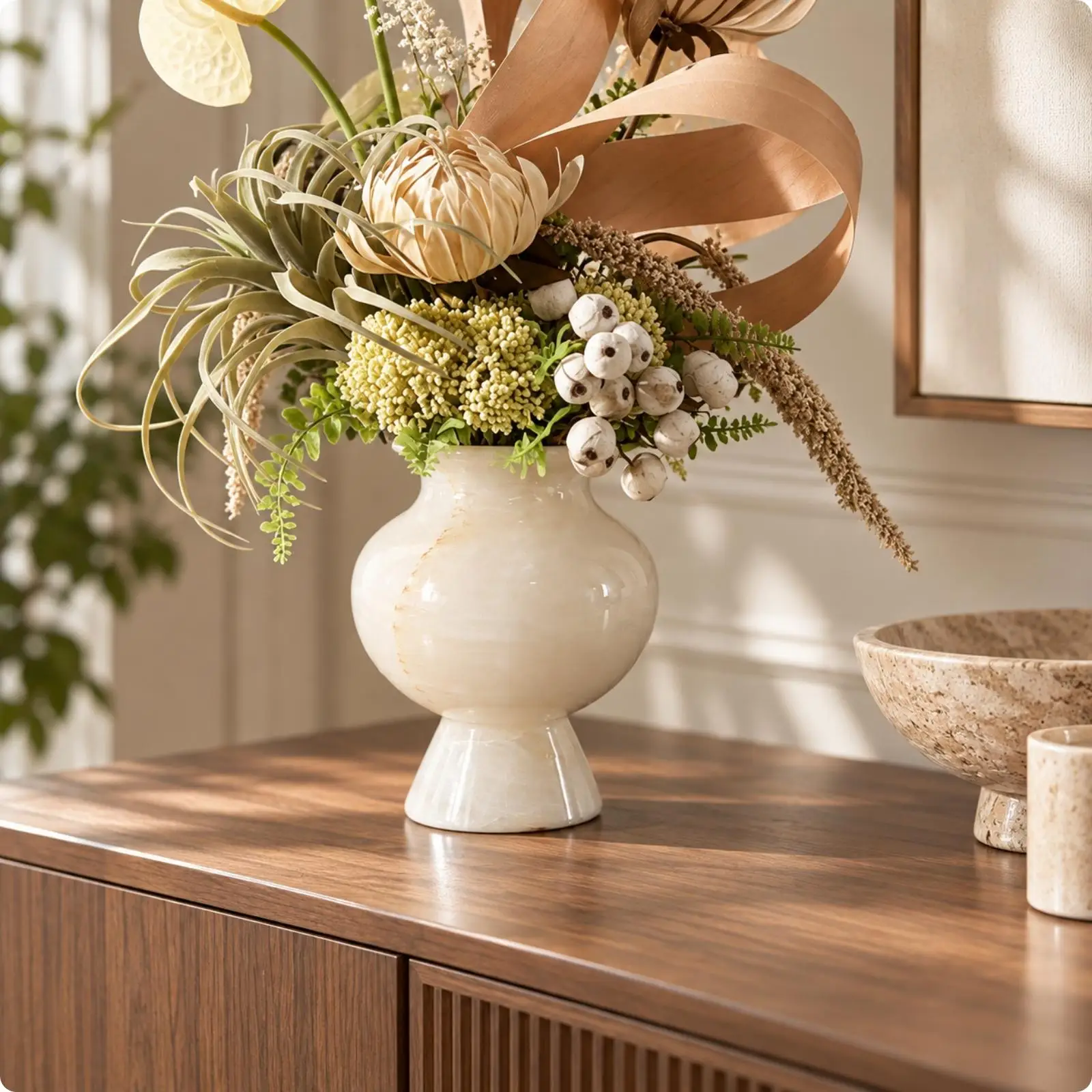 White Marble Vase with Pedestal Base Versatile Bulbous Marble Vase with Flared Rim High Quality Low Maintenance