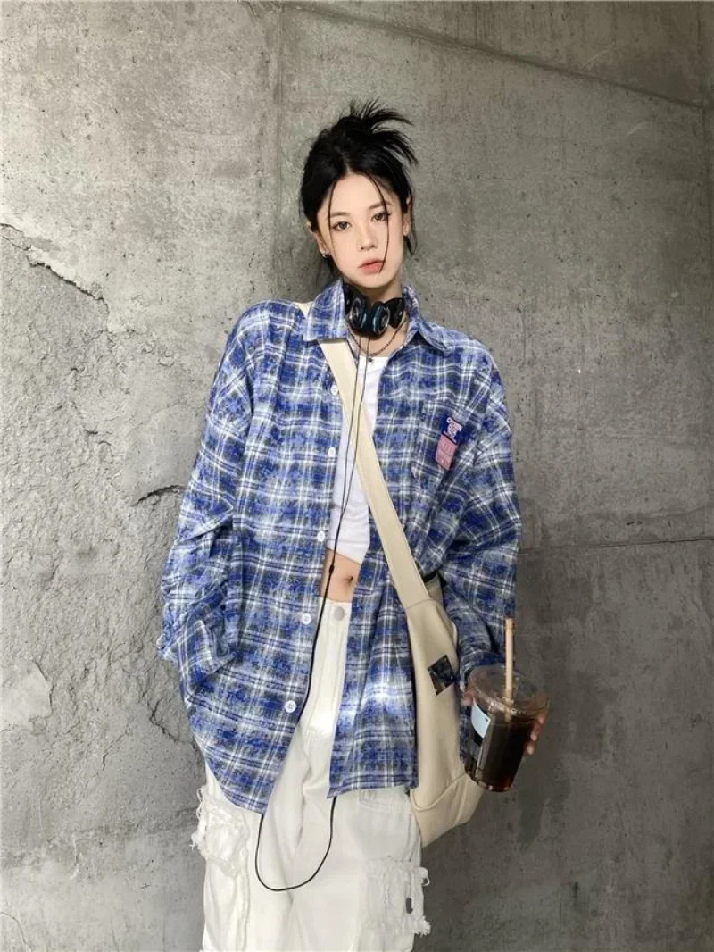 Streetwear Blouse Vintage Plaid Loose Versatile Shirts Women American Long Sleeve Lapel Camisas High Quality Chemises Femme