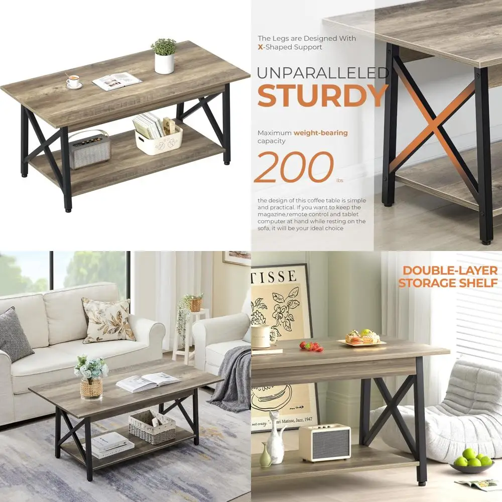 

Modern 39-inch 2-Tier Storage Coffee Table for Living Room, X-Frame Design, Farmhouse Style, Space-Saving Solution