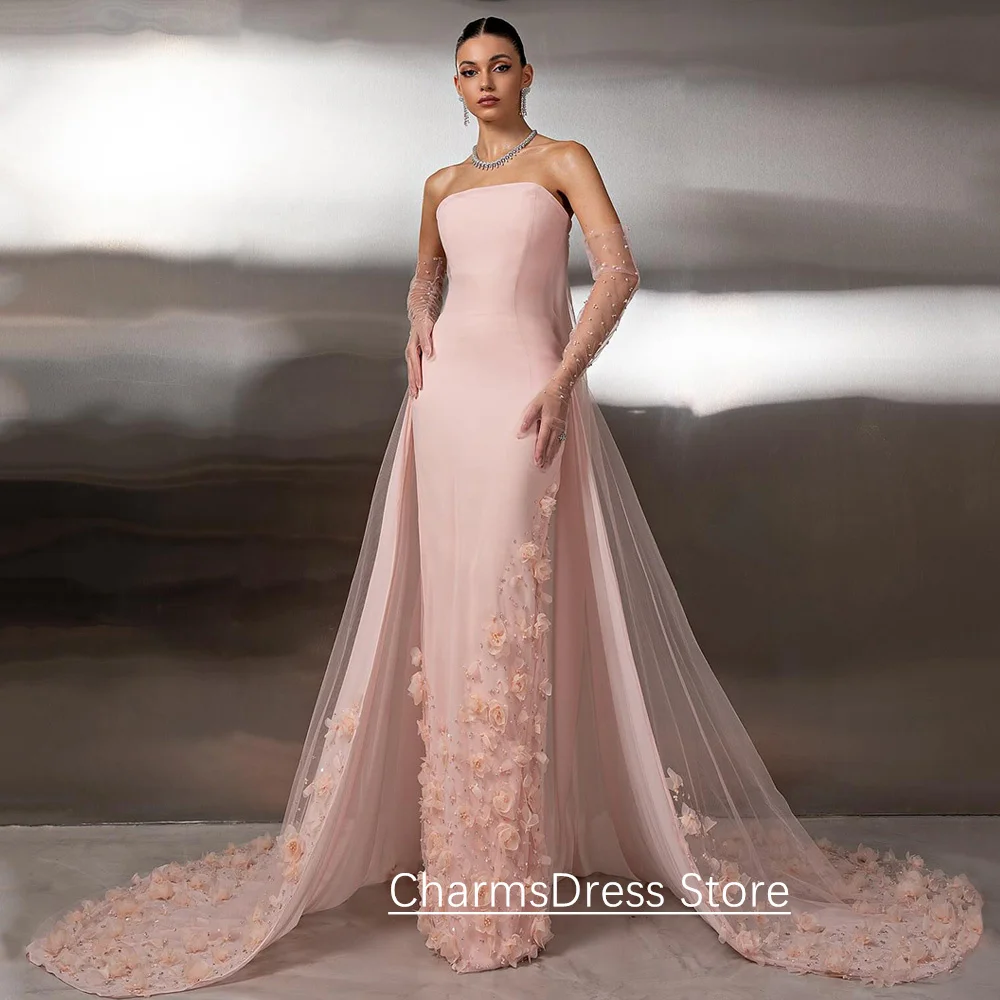 

Charming Evening Dress with Cape Customized Strapless No Gloves Sweep Train Beading Flowers Saudi Arabian Prom Gown