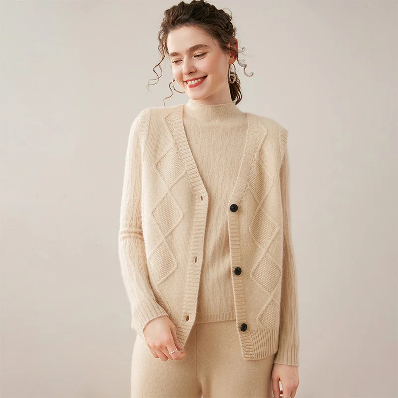 

Casual Women's 100% Cashmere Classic Cable Knit Soft Sweater Loose Sleeveless Versatile Cardigan Vest Autumn Winter Knitwear
