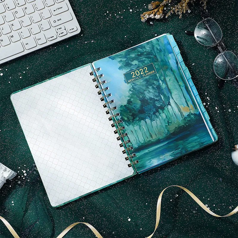 Planer miesięczny - notatnik A5 z planerem tygodniowym i miesięcznym z zakładkami miesięcznymi, elastycznym zamknięciem i wewnętrzną kieszenią