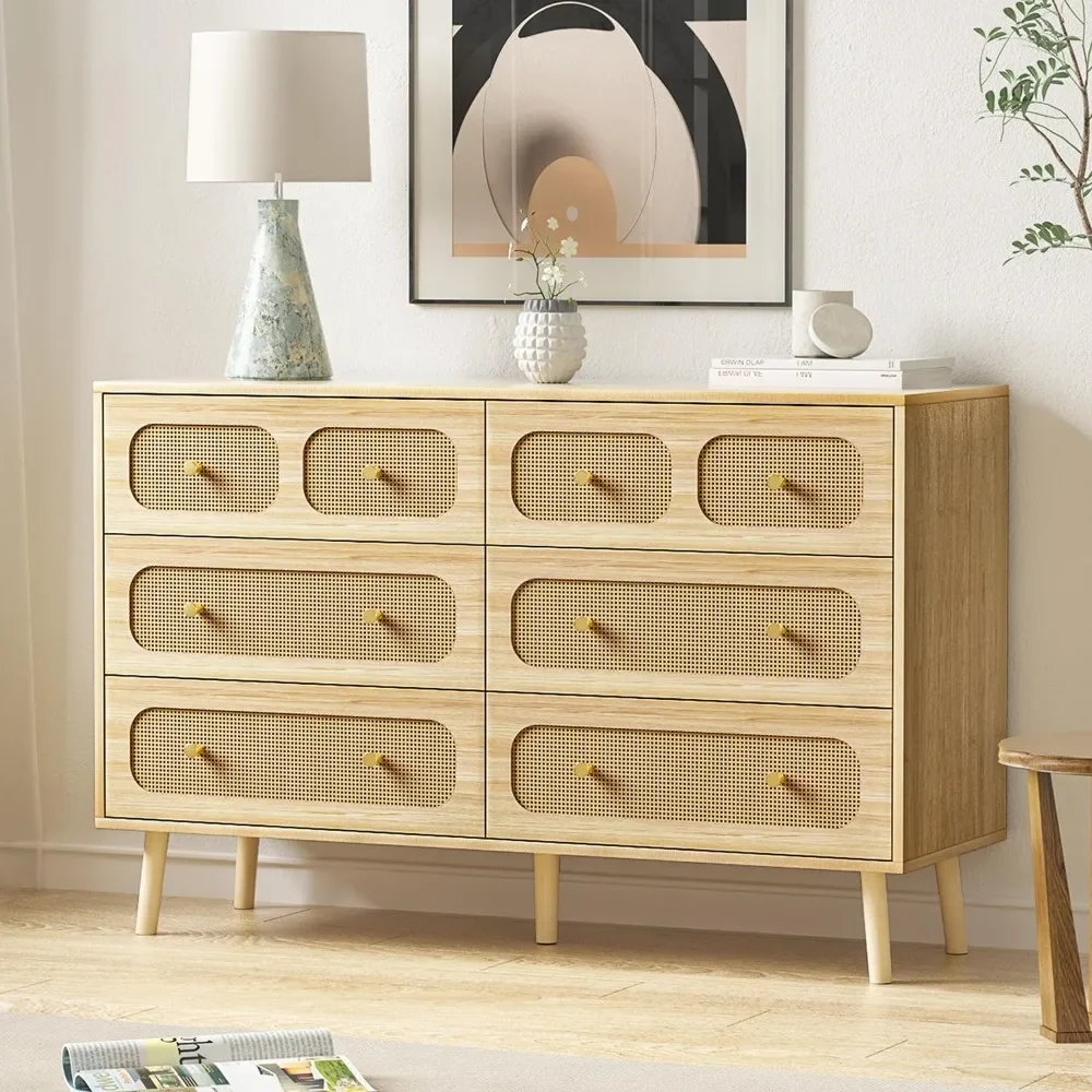 

Rattan Dresser for Bedroom, Modern 6 Drawer Double Dresser with Gold Handles, Natural Wood Storage Dressers & Chests of Drawers