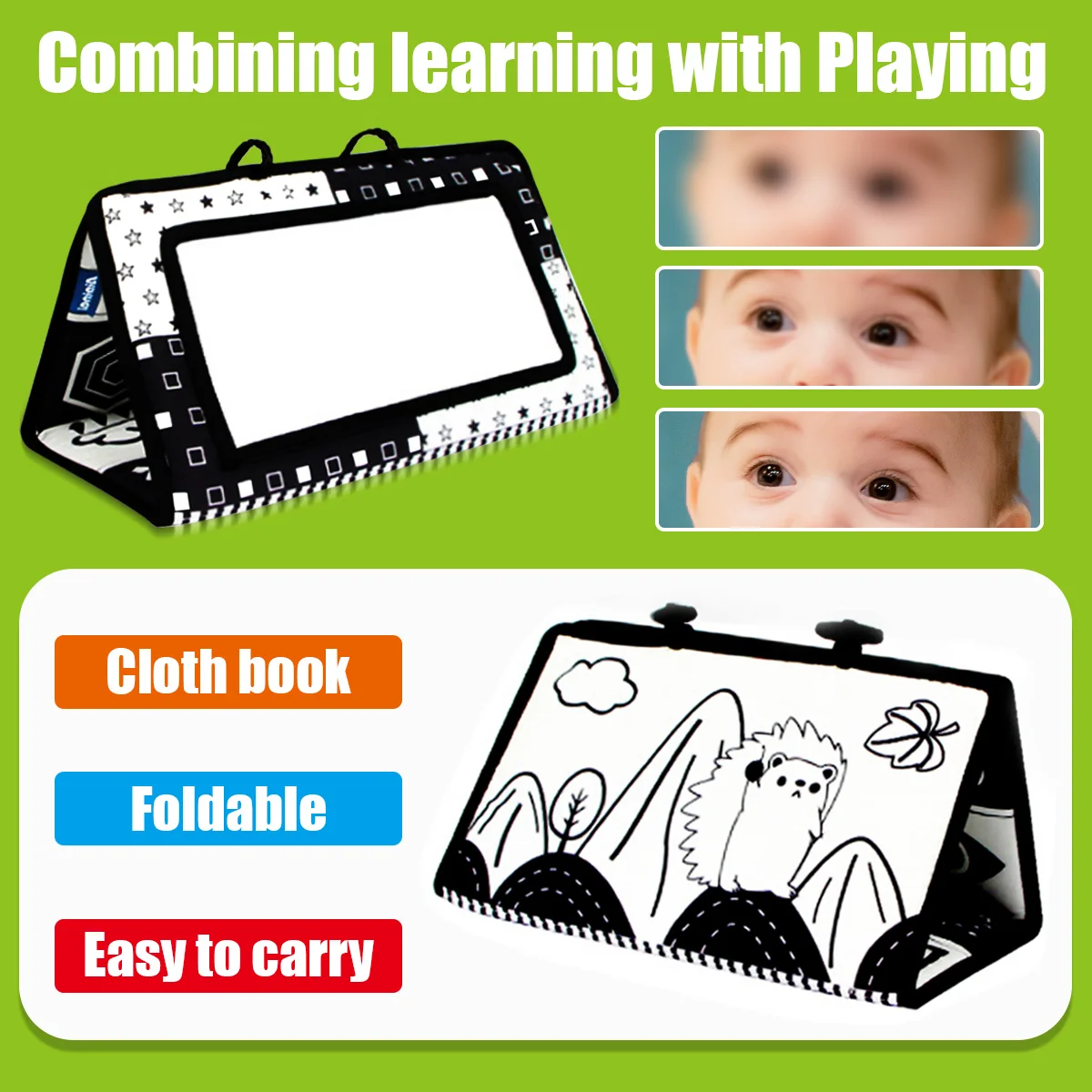 Libro in stoffa a specchio bianco e nero per bambini, giocattolo pieghevole per libri in stoffa con specchio sospeso, specchio per il tempo della pancia, specchio per il tempo prolungato